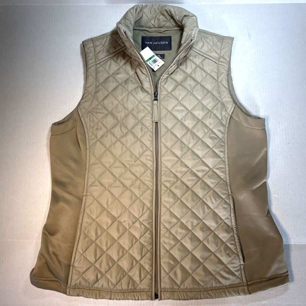 NEW Van Heusen Sandy Beige Diamond Quilted Vest Zip Front Sleeveless Jacket Lg